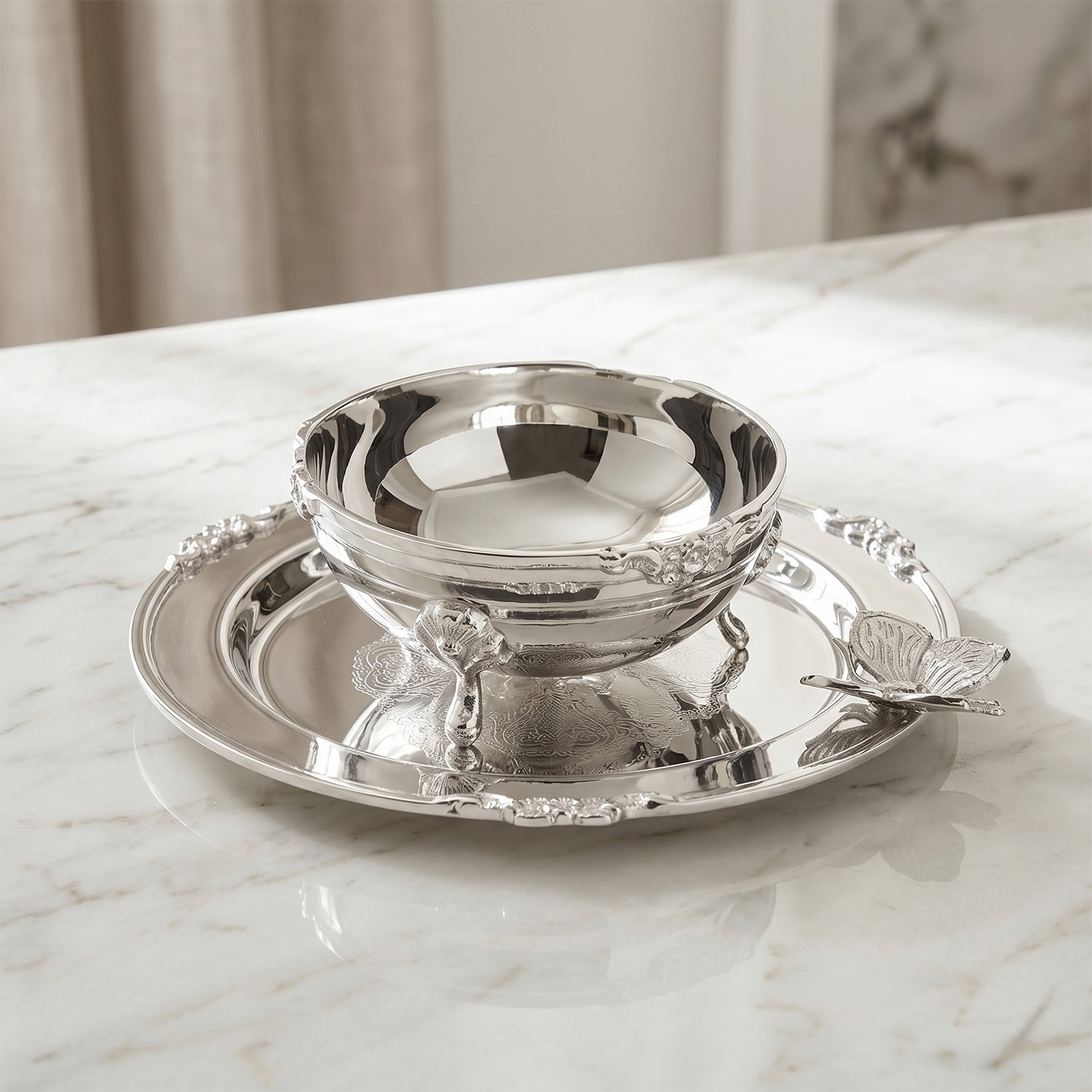 Kelebek Detaylı Paslanmaz Çelik Kase ve Tepsi Seti 20 cm - 2