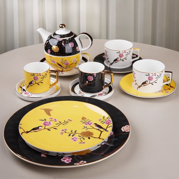 Lucky Art - Luckyart Lucile Siyah Sarı Kuş Desenli 6'lı Porselen Çay Fincanı Seti (1)
