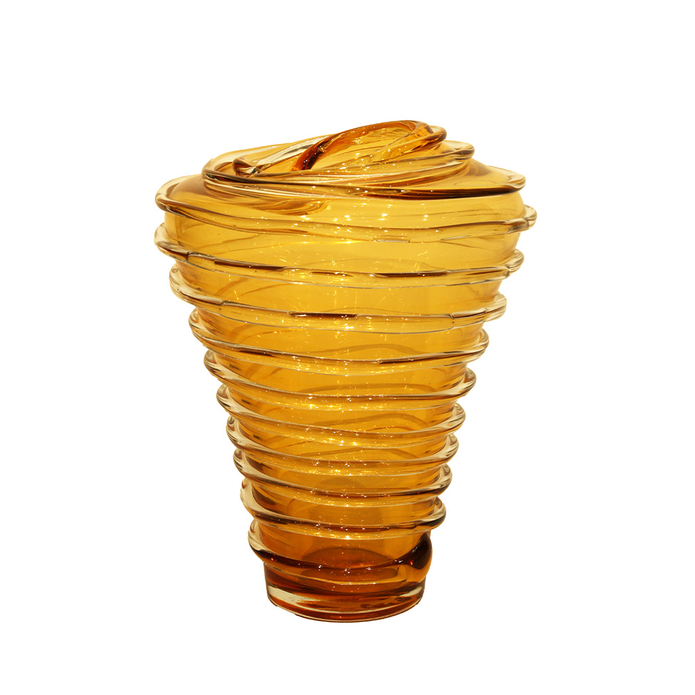 Lucky Art Amber Rengi Halkalı Formlu Modern  Cam Vazo 25,5*25,5*30 - 1