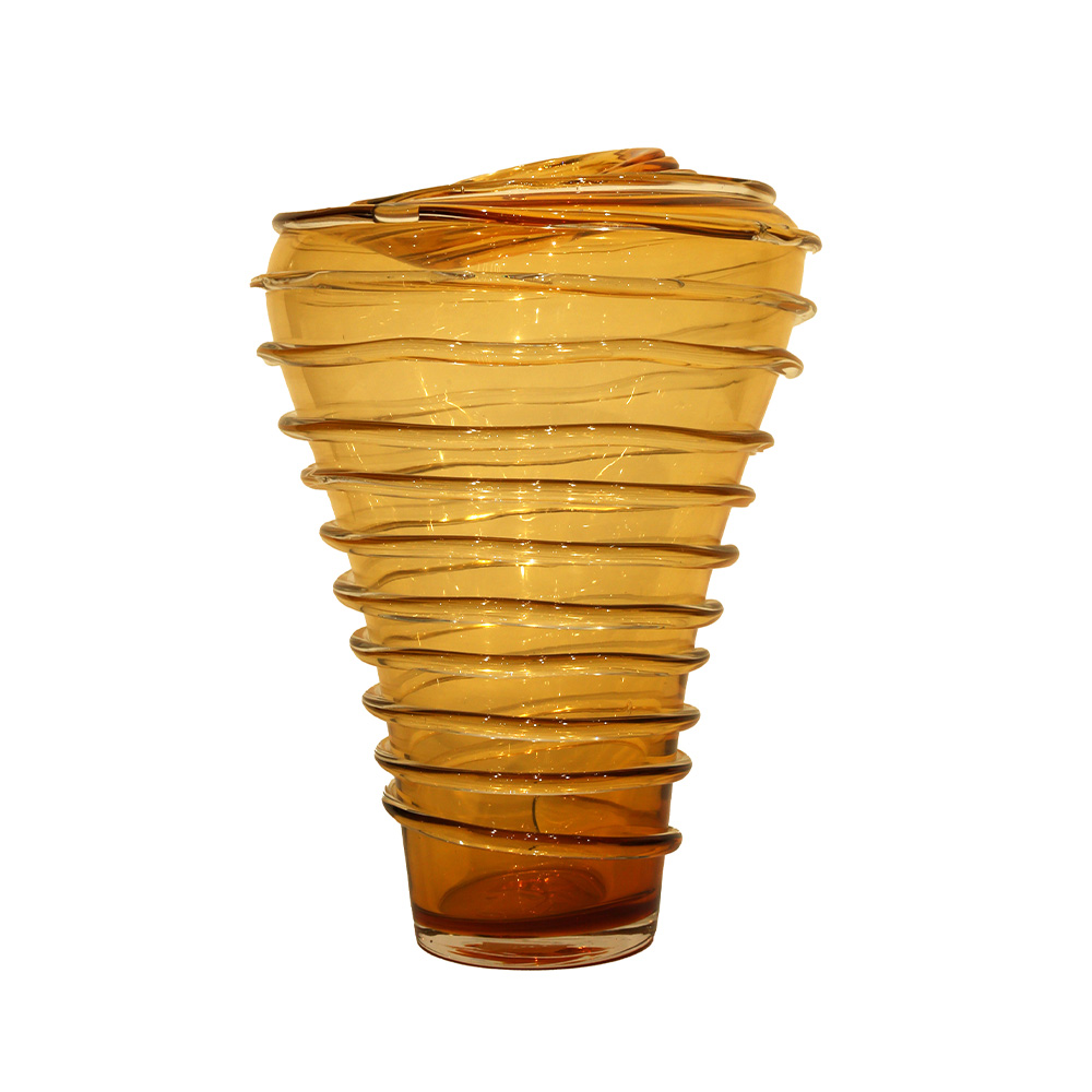 Lucky Art Amber Rengi Halkalı Formlu Modern  Cam Vazo 30*30*85 - 1