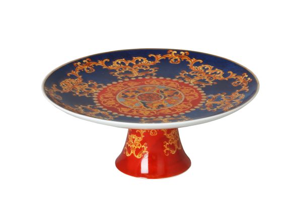 LUCKYART - Luckyart Clarissa Bone China Porselen Mavi Beyaz Naturel Barok Desenli Ayaklı Kek Standı 27 cm (1)
