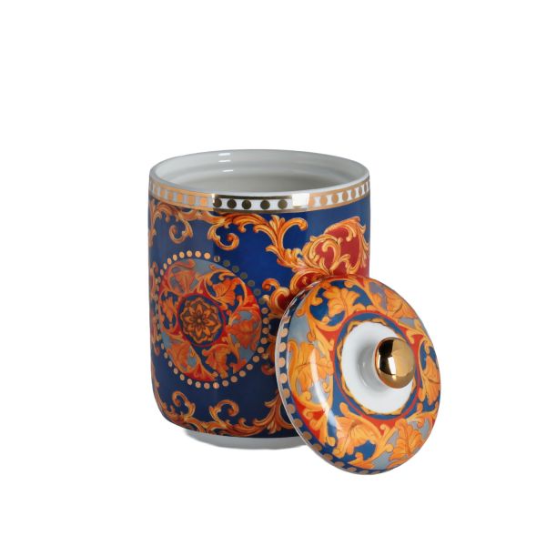 LUCKYART - Luckyart Clarissa Bone China Porselen Mavi Beyaz Naturel Barok Desenli Kapaklı Kavanoz 16 cm (1)