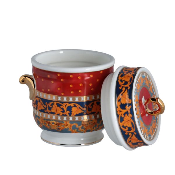 LUCKYART - Luckyart Clarissa Bone China Porselen Mavi Beyaz Naturel Barok Desenli Kulplu Kavanoz 16 cm (1)