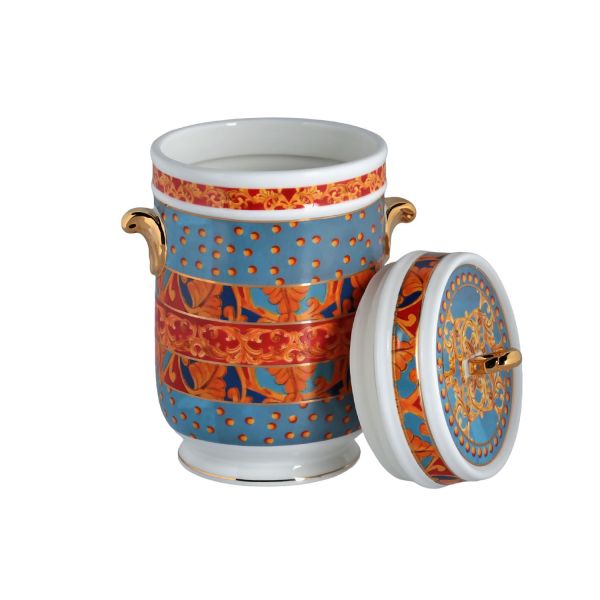LUCKYART - Luckyart Clarissa Bone China Porselen Mavi Beyaz Naturel Barok Desenli Kulplu Kavanoz 22 cm (1)