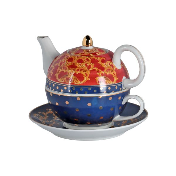 Clarissa Bone China Porselen Mavi Beyaz Tek Kişilik Demlik&Fincan Seti