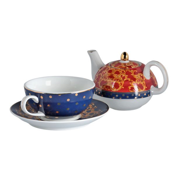 Lucky Art - Lucky Art Clarissa Bone China Porselen Mavi Beyaz Naturel Barok Desenli Tek Kişilik Demlik&Fincan Seti (1)