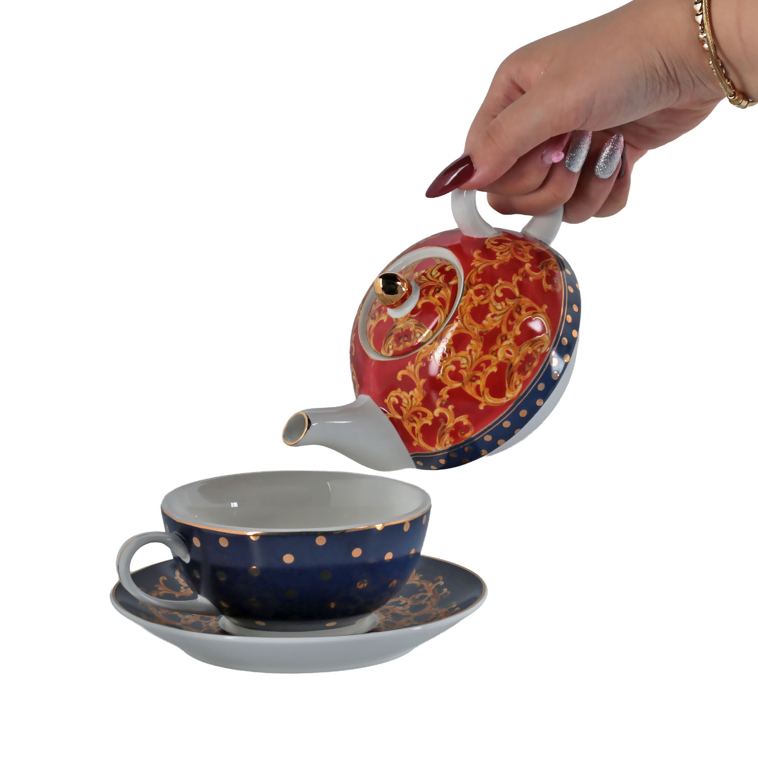 Clarissa Bone China Porselen Mavi Beyaz Tek Kişilik Demlik&Fincan Seti - 4