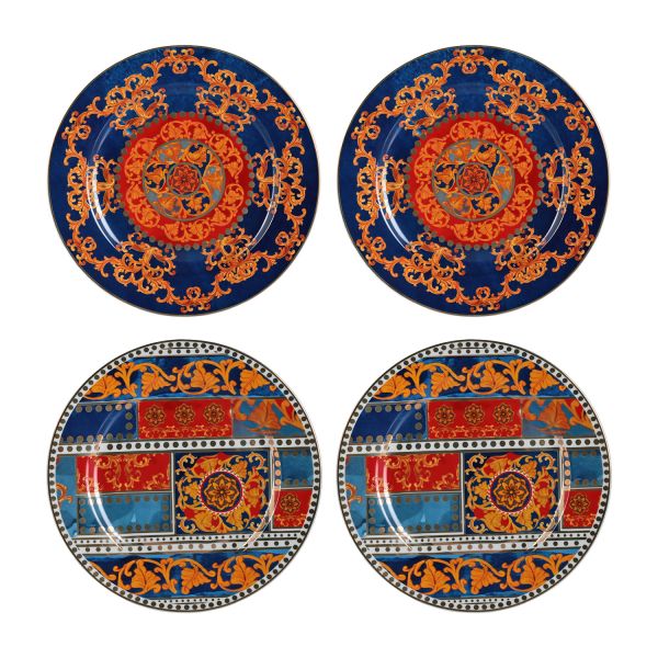 Lucky Art Clarissa Bone China  Porselen Mavi Kırmızı Barok Desenli 4 lü Tatlı Tabağı Seti 20 cm - 1