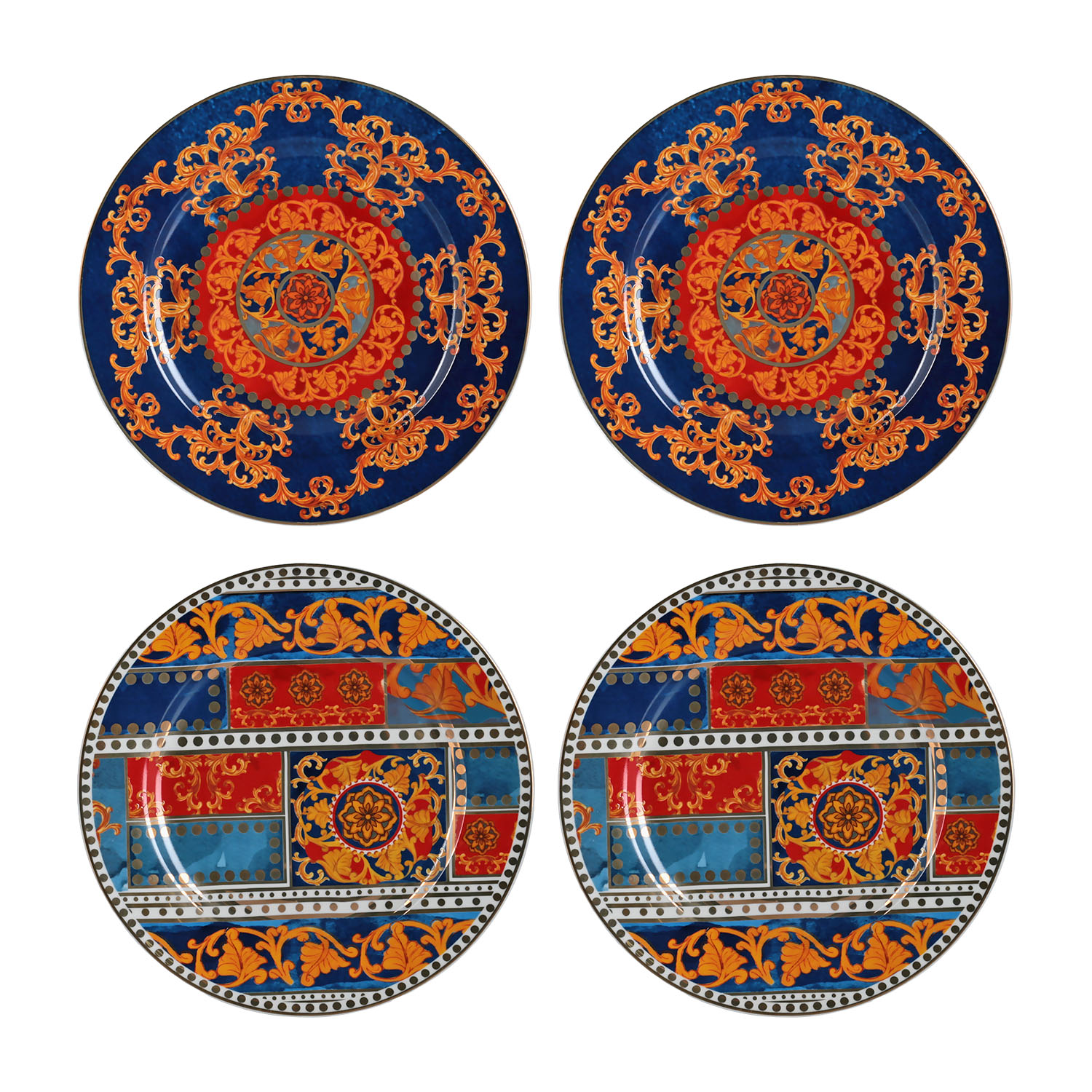 Lucky Art Clarissa Bone China  Porselen Mavi Kırmızı Barok Desenli 4 lü Tatlı Tabağı Seti 20 cm - 4