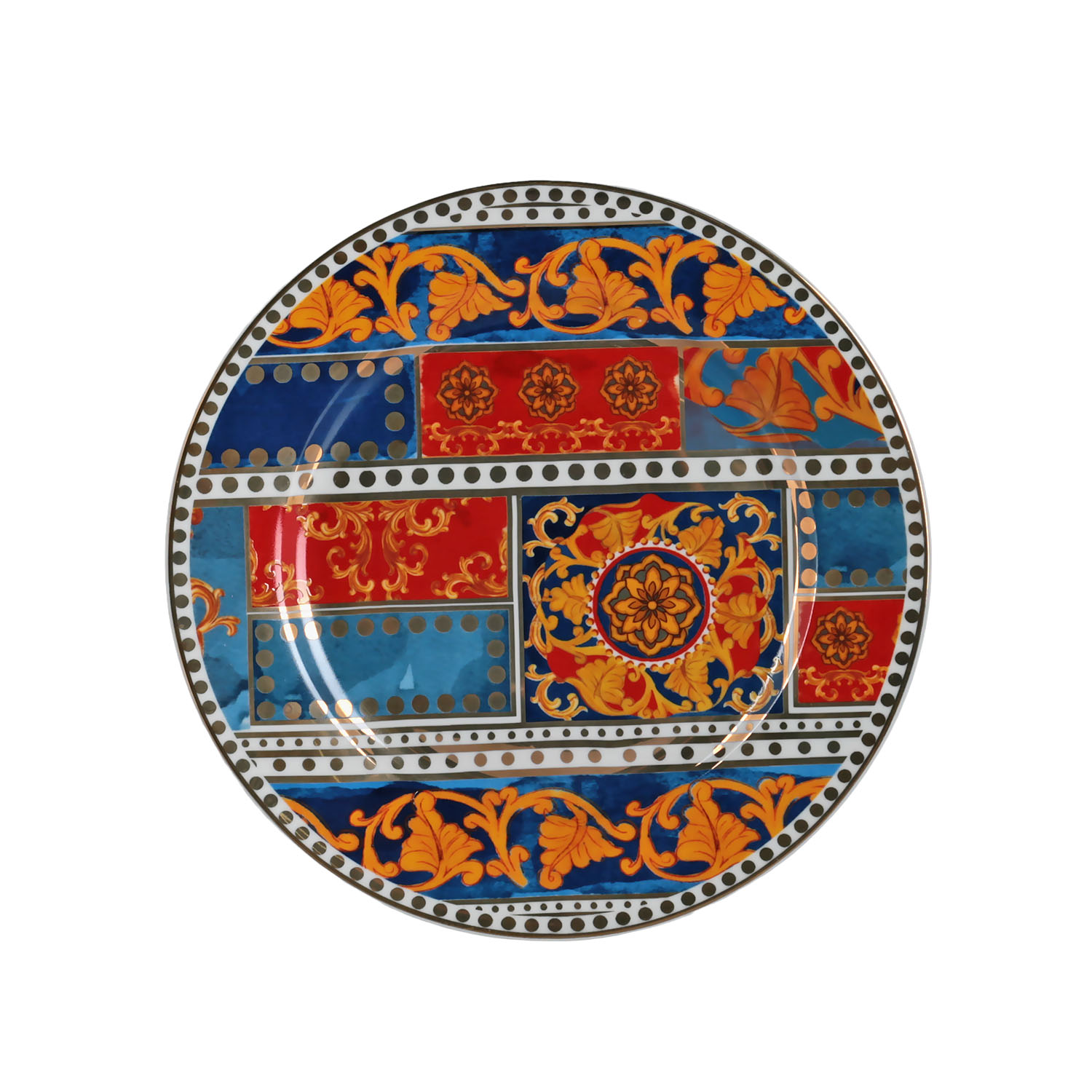 Lucky Art Clarissa Bone China  Porselen Mavi Kırmızı Barok Desenli 4 lü Tatlı Tabağı Seti 20 cm - 5