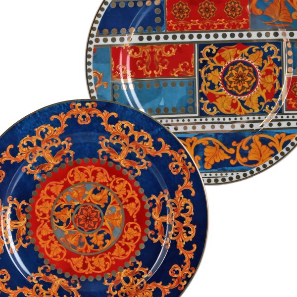LUCKYART - Lucky Art Clarissa Bone China Porselen Mavi Kırmızı Barok Desenli 4 lü Tatlı Tabağı Seti 20 cm (1)