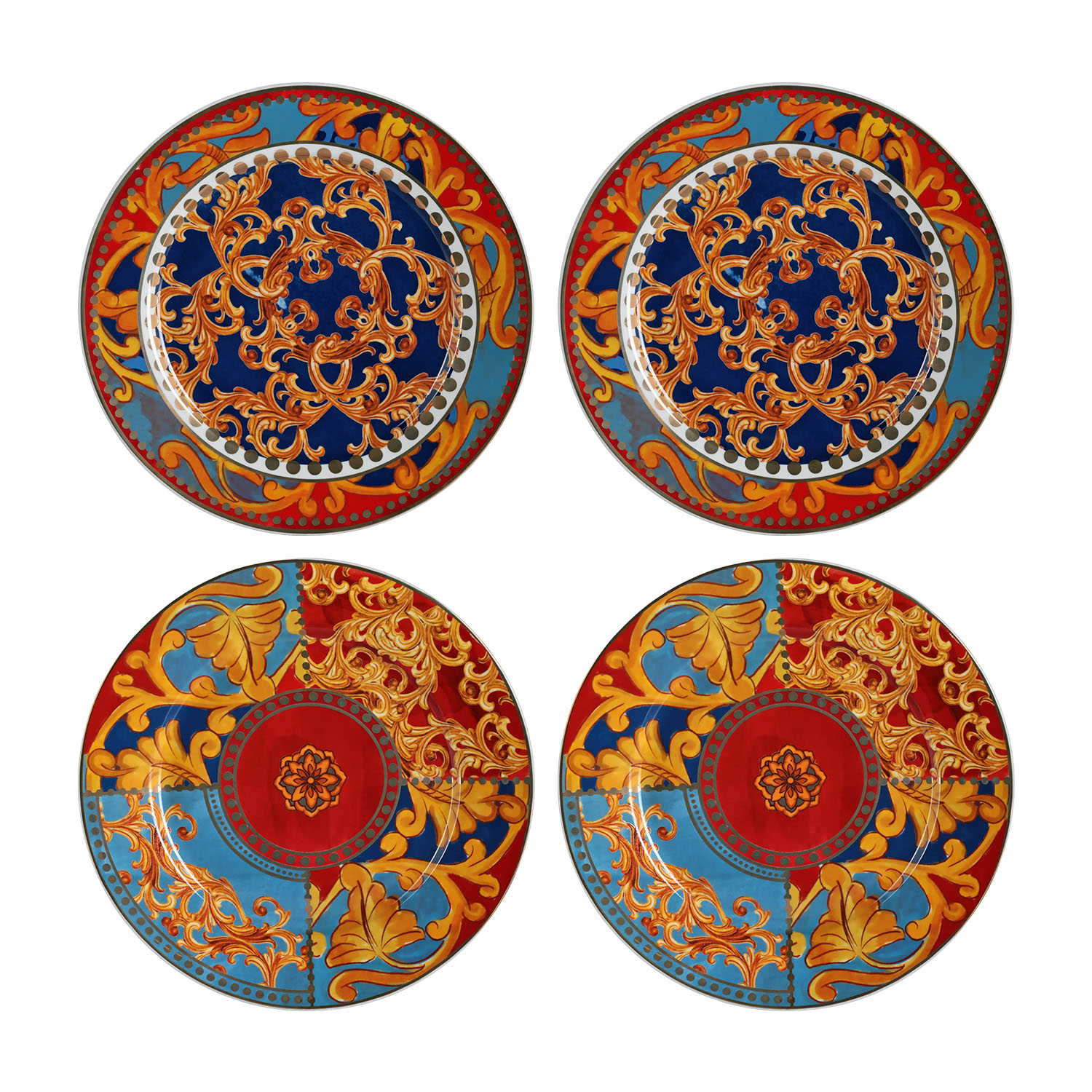 Clarissa Bone China Porselen Mavi Kırmızı 4 lü Yemek Tabağı Seti 27 cm - 1