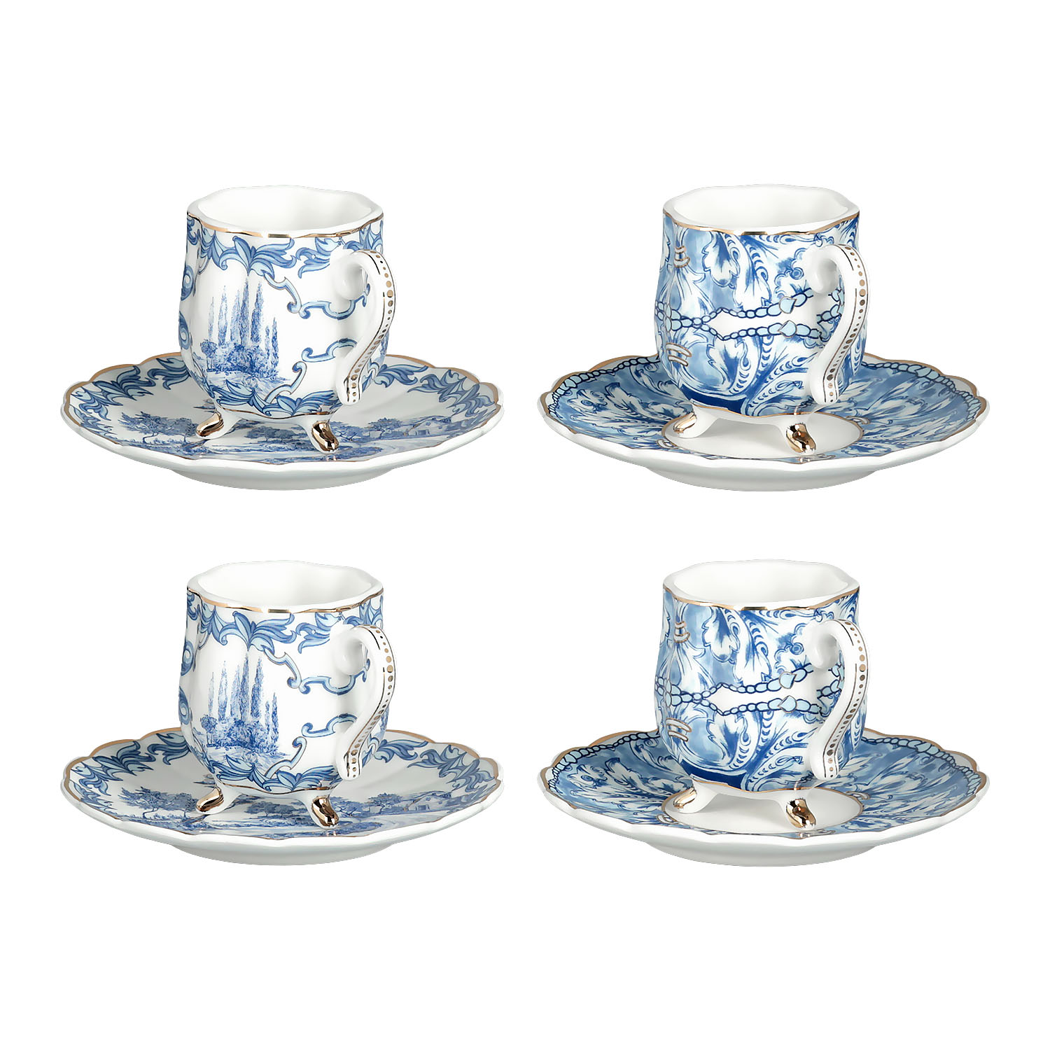 Florance Bone China Mavi Beyaz 4 lü Ayaklı Kahve Fincanı Seti - 1