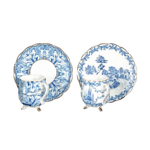 Lucky Art - Lucky Art Florance Bone China Porselen Mavi Beyaz Naturel Barok Desenli 4 lü Ayaklı Kahve Fincanı Seti (1)