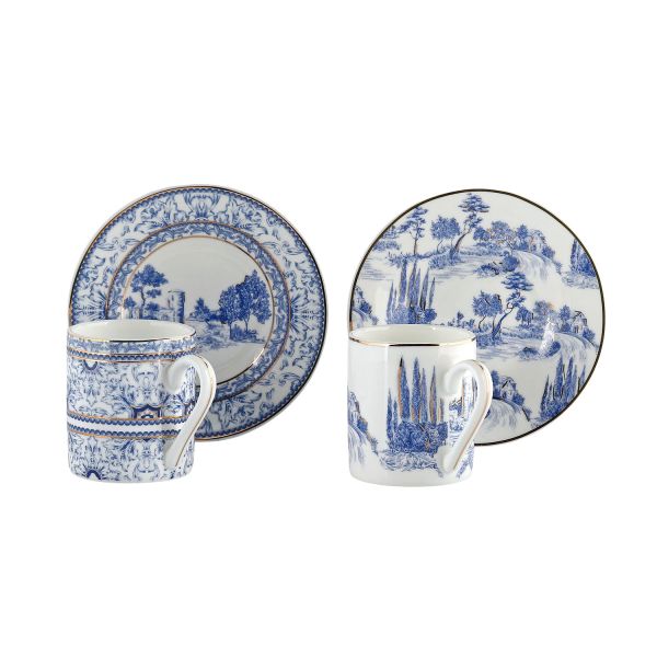 Lucky Art - Lucky Art Florance Bone China Porselen Mavi Beyaz Naturel Barok Desenli 4 lü Kahve Fincanı Seti (1)