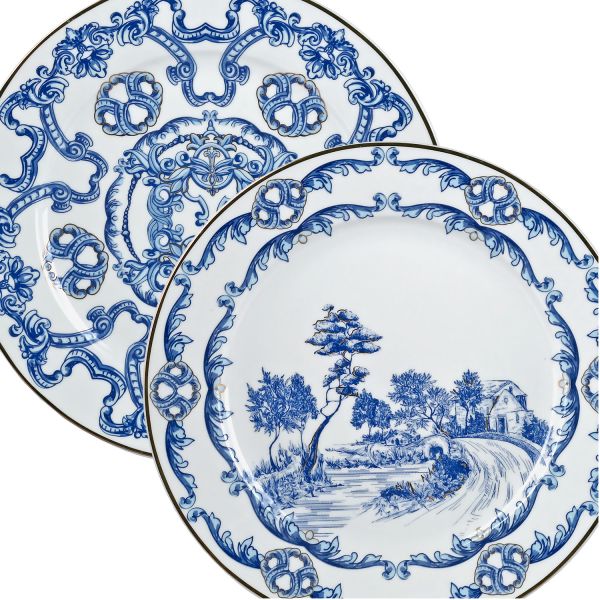 Lucky Art - Lucky Art Florance Bone China Porselen Mavi Beyaz Naturel Barok Desenli 4 lü Pasta Tabağı Seti 20 cm (1)