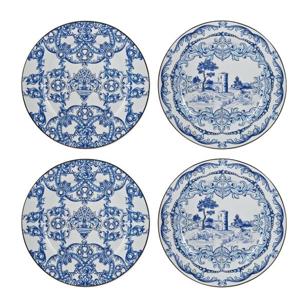 Lucky Art - Lucky Art Florance Bone China Porselen Mavi Beyaz Naturel Barok Desenli 4 lü Yemek Tabağı Seti 27 cm