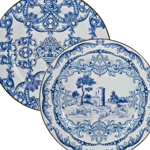 Lucky Art - Lucky Art Florance Bone China Porselen Mavi Beyaz Naturel Barok Desenli 4 lü Yemek Tabağı Seti 27 cm (1)