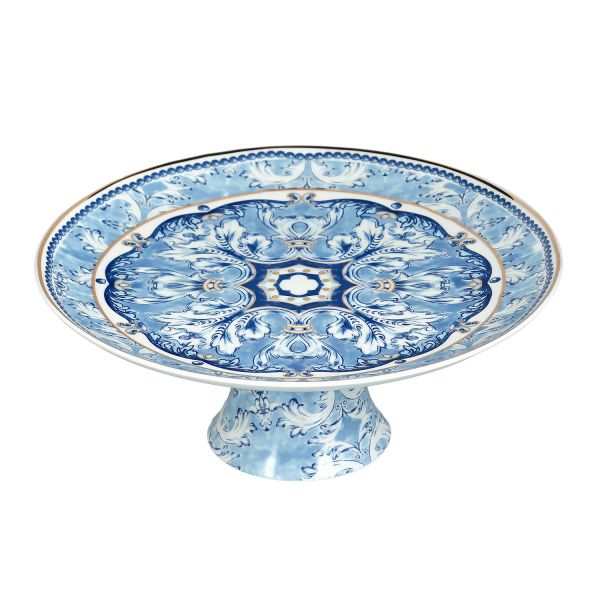 Lucky Art - Lucky Art Florance Bone China Porselen Mavi Beyaz Naturel Barok Desenli Ayaklı Kek Standı 27 cm (1)