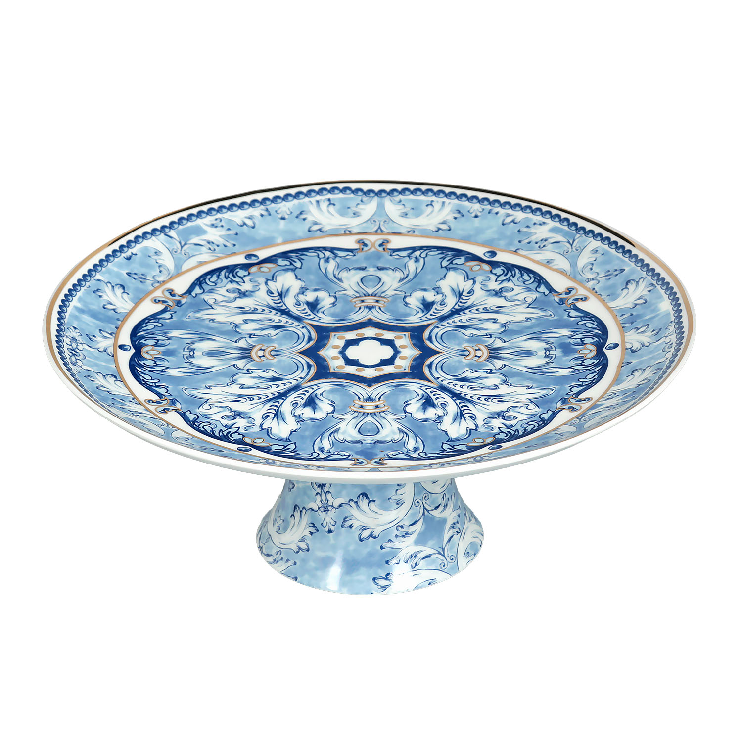 Florance Bone China Mavi Beyaz Ayaklı Kek Standı 27 cm - 2