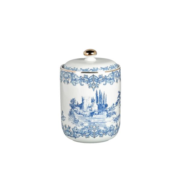 Lucky Art - Lucky Art Florance Bone China Porselen Mavi Beyaz Naturel Barok Desenli Kapaklı Kavanoz 16 cm
