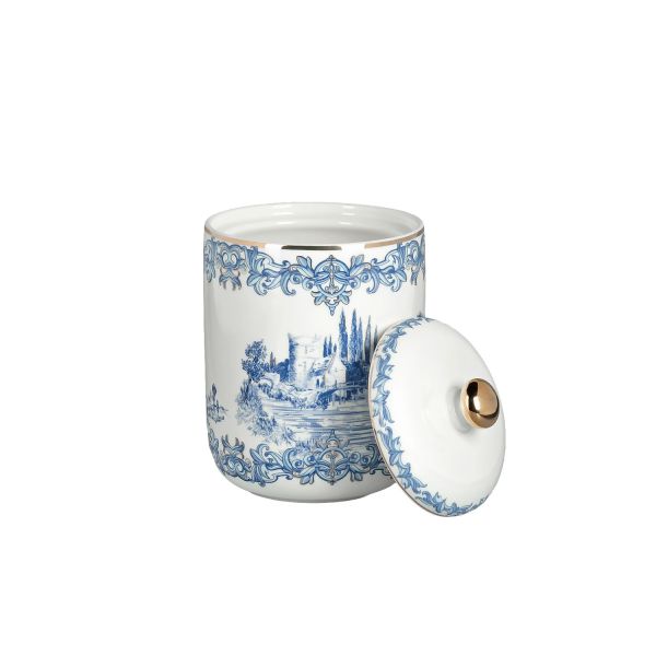 Lucky Art - Lucky Art Florance Bone China Porselen Mavi Beyaz Naturel Barok Desenli Kapaklı Kavanoz 16 cm (1)