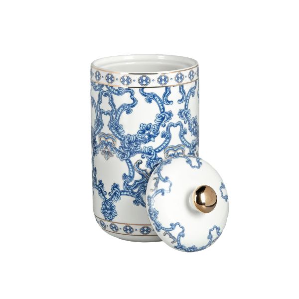 Lucky Art - Lucky Art Florance Bone China Porselen Mavi Beyaz Naturel Barok Desenli Kapaklı Kavanoz 21 cm (1)