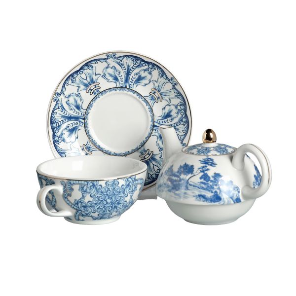 Lucky Art - Lucky Art Florance Bone China Porselen Mavi Beyaz Naturel Barok Desenli Tek Kişilik Demlik&Fincan Seti (1)