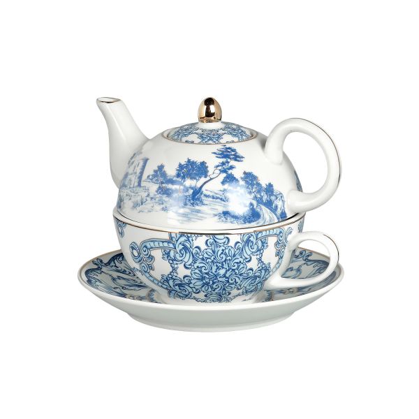 Lucky Art Florance Bone China  Porselen Mavi Beyaz Naturel Barok Desenli Tek Kişilik Demlik&Fincan Seti