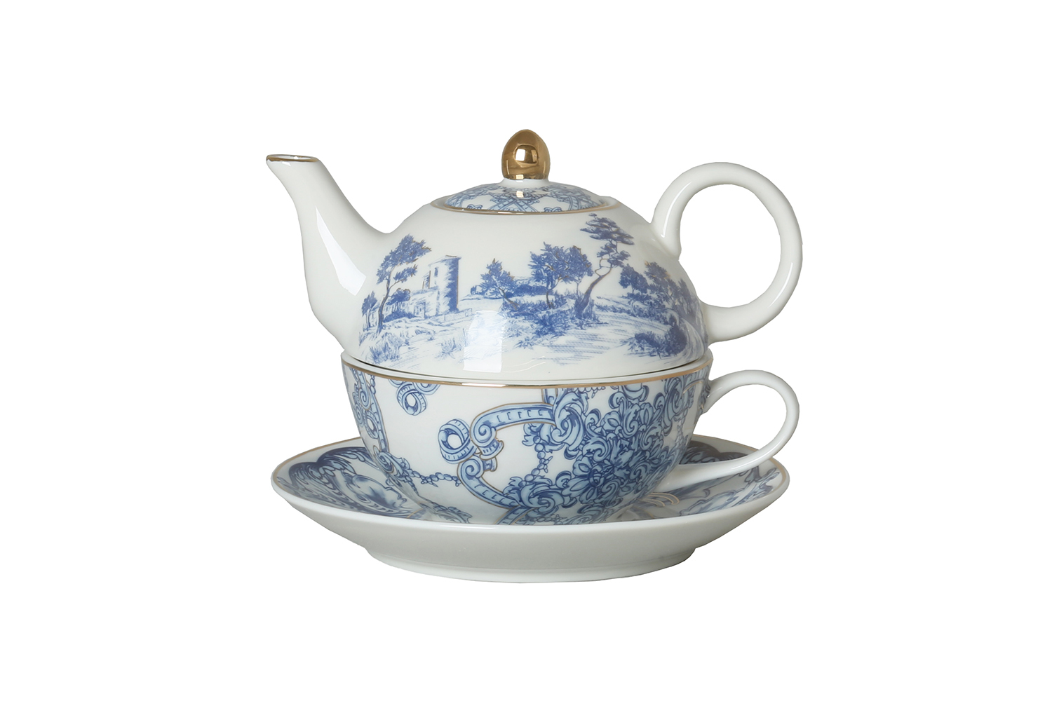 Florance Bone China Mavi Beyaz Tek Kişilik Demlik&Fincan Seti - 1