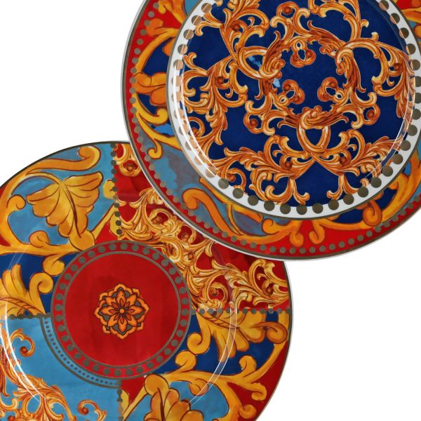 LUCKYART - Luckyart Florance Bone China Porselen Mavi Kırmızı Barok Desenli Ayaklı 4 lü Yemek Tabağı Seti 27 cm (1)