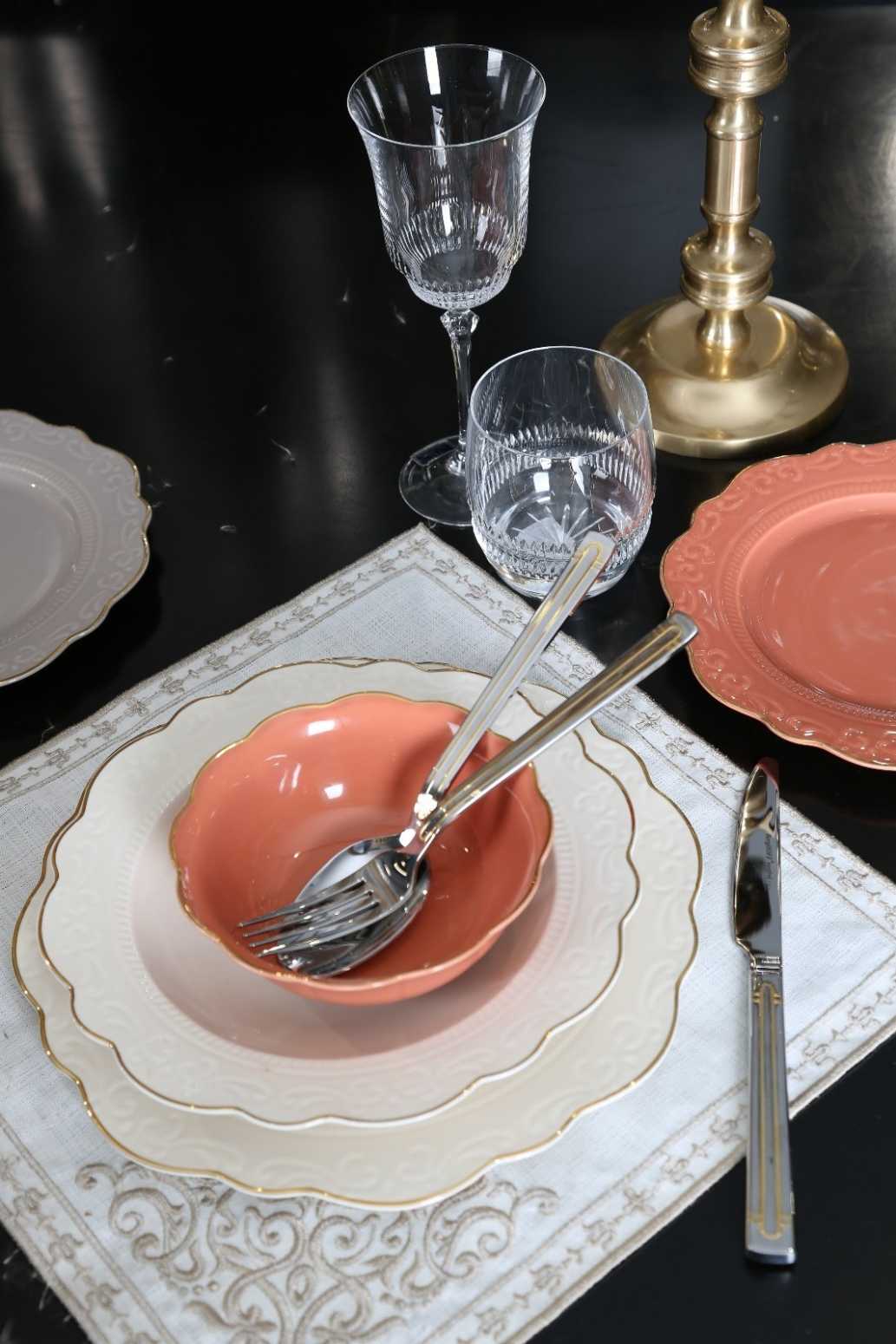 Lucky Art Laurance Krem&Yanık Turuncu renkli New Bone China Yemek Takımı 24 parça - 2