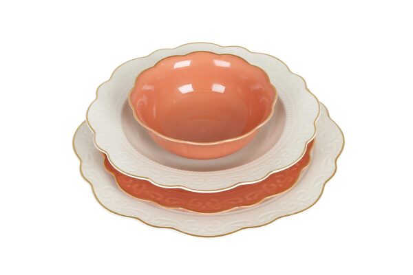 Laurance Krem&Yanık Turuncu renkli New Bone China Yemek Takımı 24 parça