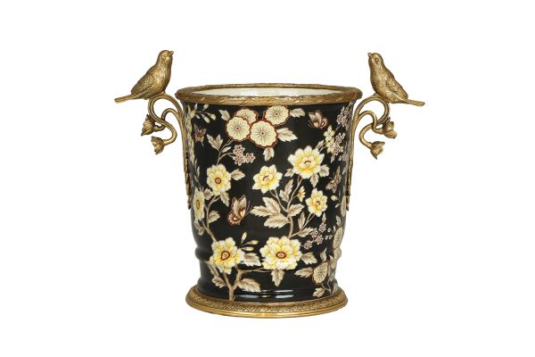 Lucky Art Siyah Cicekli Porselen Vazo 31 Cm