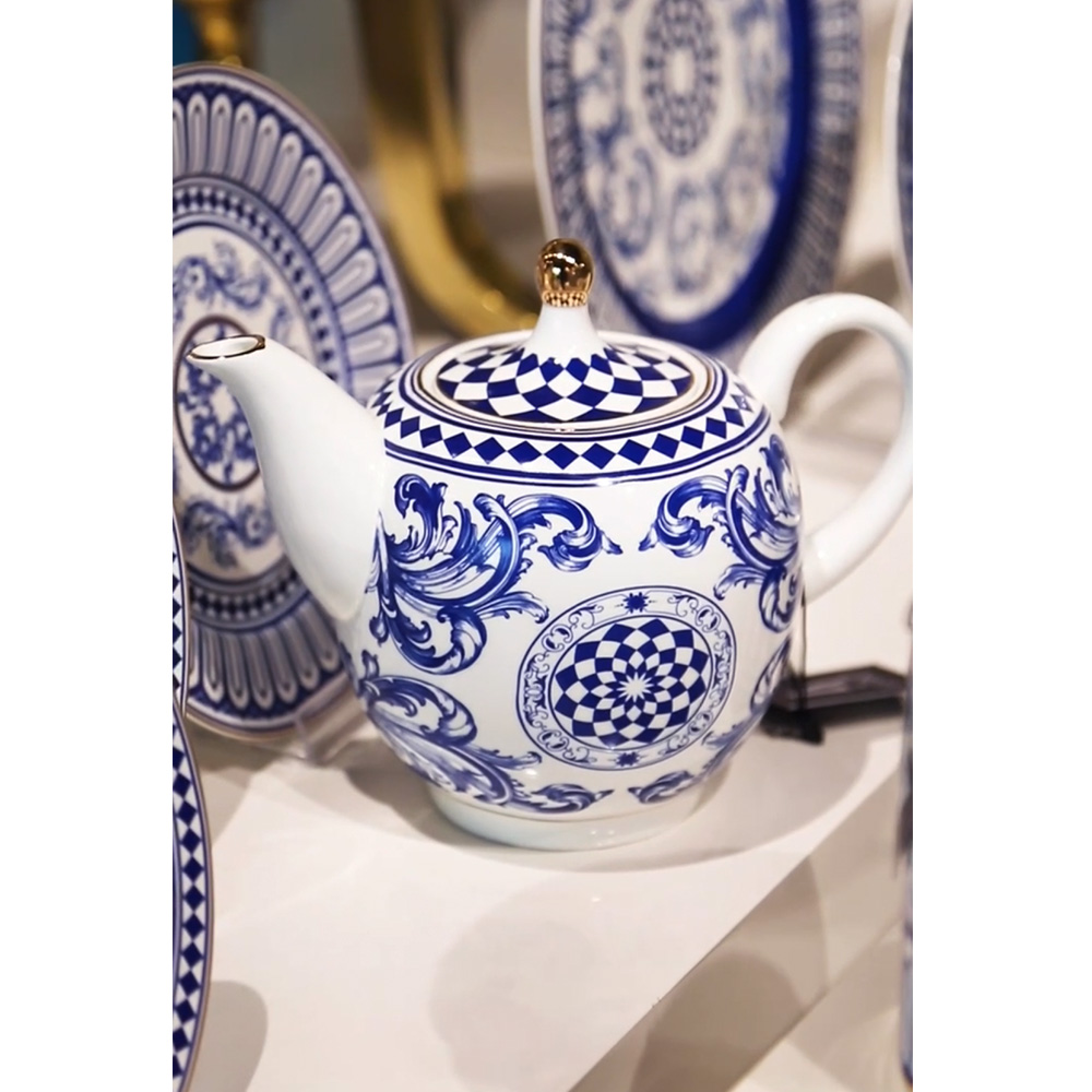 Lucky Art Aurora Bone Porselen Mavi Beyaz Barok Desenli Çaydanlık 800 ml - 2