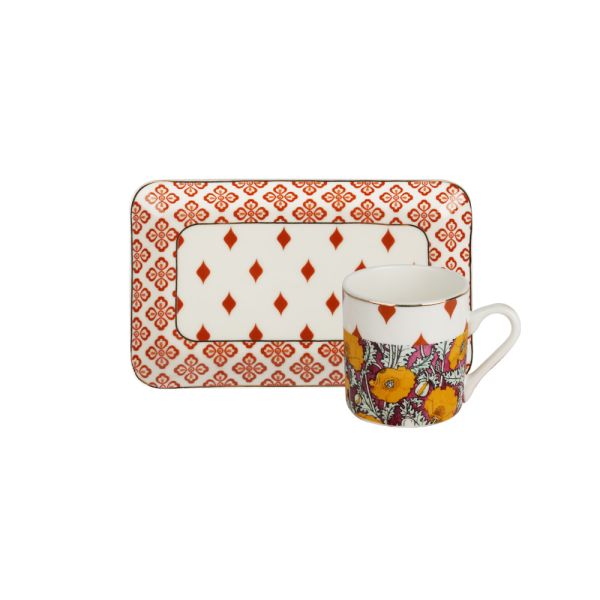 Luckyart - Eliana Bone China Porselen Karışık Desenli Tek Kişilik Tepsili Kahve Fincanı Seti (1)