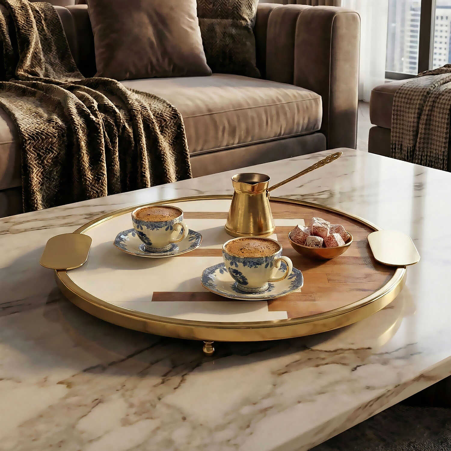 Lucky Art Yuvarlak Krem-Kahve Tepsı 40 Cm - 2