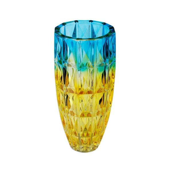 Lucky Art Mavi Sarı Kesme Cam Vazo 14x32 cm