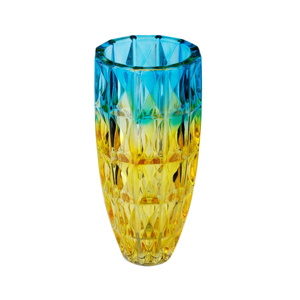 Mavi Sarı Kesme Cam Vazo 14x32 cm - 1