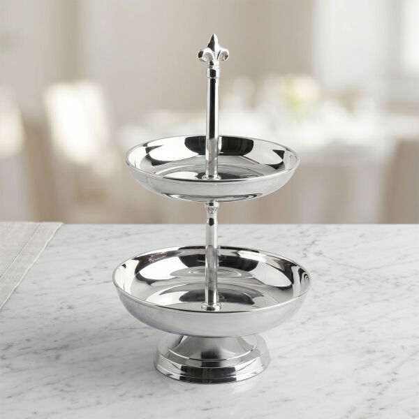 Zarif Paslanmaz Çelik ve Pirinç Çift Katlı Dekoratif Sunumluk 37 cm (1)